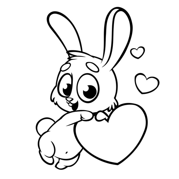Funny cute outlined bunny with heart love vector cartoon. Colloring illustration can be used as print or card for St Valentines Day - Vektor, kép