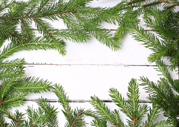 frame with spruce branches white wooden background - Photo, image