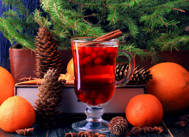 Hot winter drink with cranberry orange and cinnamon - Zdjęcie, obraz