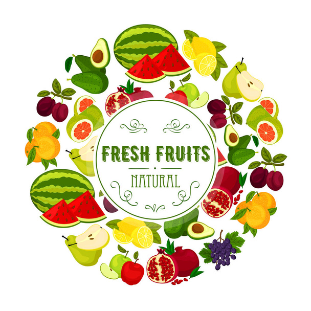 Diseño de etiquetas redondas de frutas frescas naturales
 - Vector, Imagen