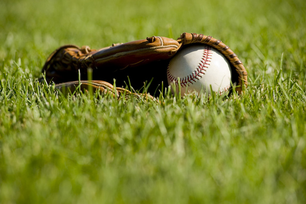 Baseball and Glove on Grass - Valokuva, kuva
