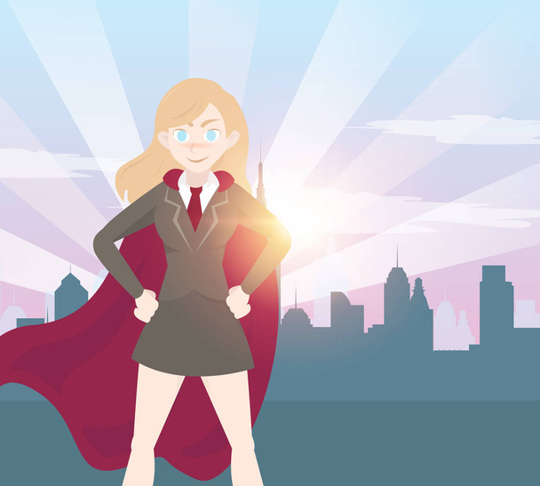 Superhero business woman cartoon with graph. - Vector, Image