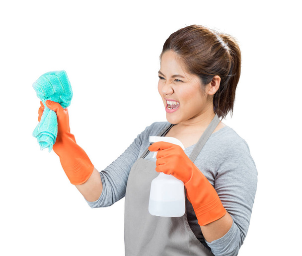 asiatische Hausfrau kämpfen mit schmutzigen - Foto, Bild