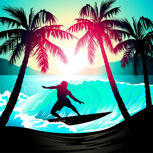 Чоловічий серфінг на сході сонця на тропічному пляжі
 - Вектор, зображення