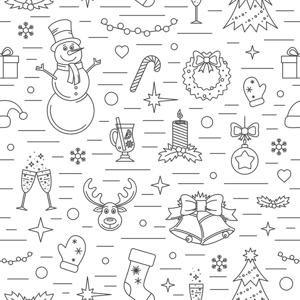 Christmas Celebration Pattern. Many New Year, Christmas And Winter Symbols On White Background. Line Style Vector Illustration. - Вектор,изображение