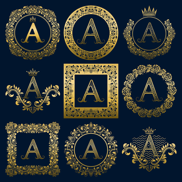 Conjunto de monogramas vintage de una letra. Logotipos heráldicos dorados en coronas, marcos redondos y cuadrados
. - Vector, imagen