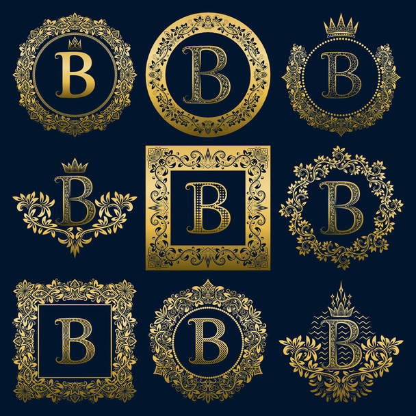 Set di monogrammi vintage di lettera B. Loghi araldici dorati in ghirlande, cornici rotonde e quadrate
. - Vettoriali, immagini