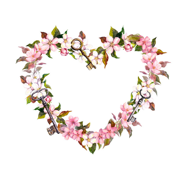 Floral wreath - heart shape. Pink sakura flowers, keys. Watercolor for Valentine day, wedding - Foto, Imagem