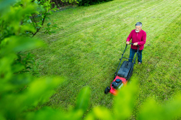 Senior man mowing his garden  - Photo, Image