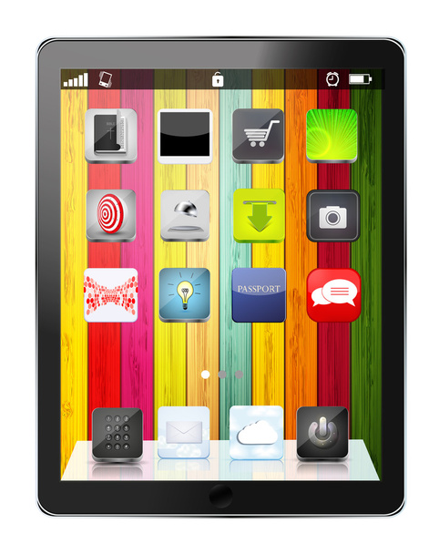 Tableta de computadora realista vectorial con icono de aplicación en fondos de madera coloridos
 - Vector, imagen