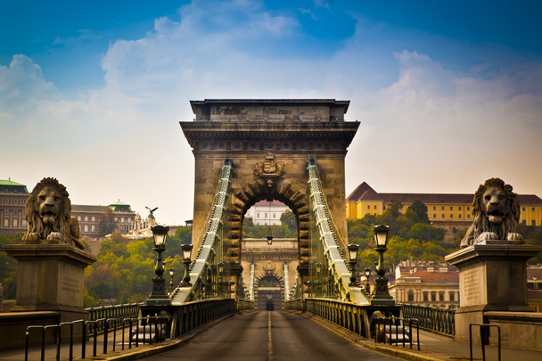 Szechenyi Цепной мост красивый, декоративный подвесный мост, который охватывает реку Дунай Будапешта, столицы Венгрии
. - Фото, изображение