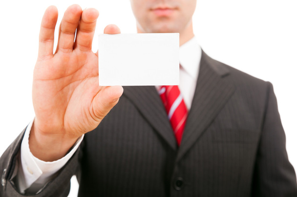 young business man holding blank business card, isolated on whit - Photo, image