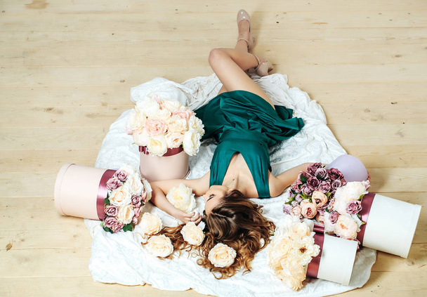 pretty girl in flowers bouquets - Photo, image