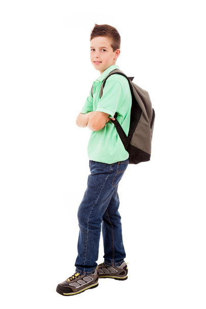 Full body portrait of a school boy with backpack, isolated on wh - Photo, image