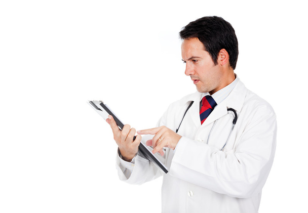 Молодий лікар консультує свій кишеню з копійкою, ізольований
 - Фото, зображення