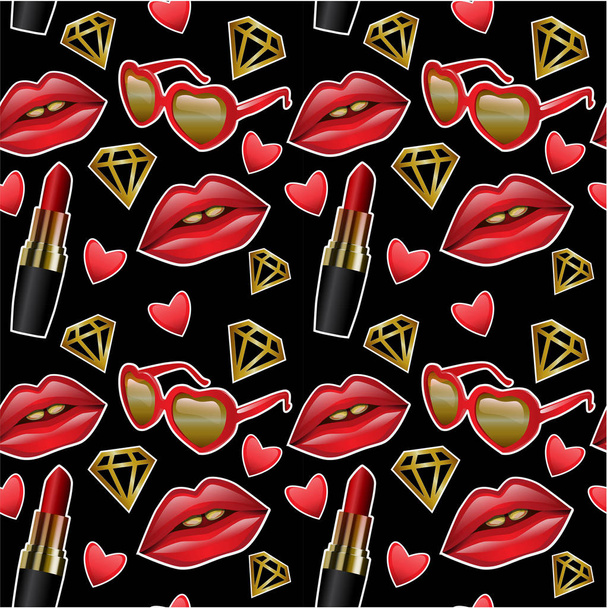Pattern of female stuff, shoes, ring, heart, lips, lipstick, bags, belts - Vector, Image