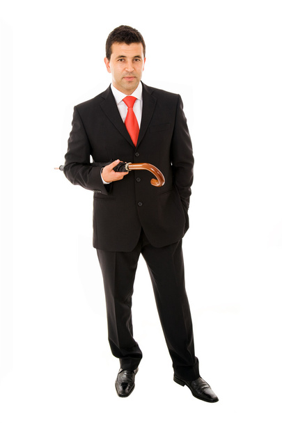 young business man with an umbrella against white background - Fotoğraf, Görsel