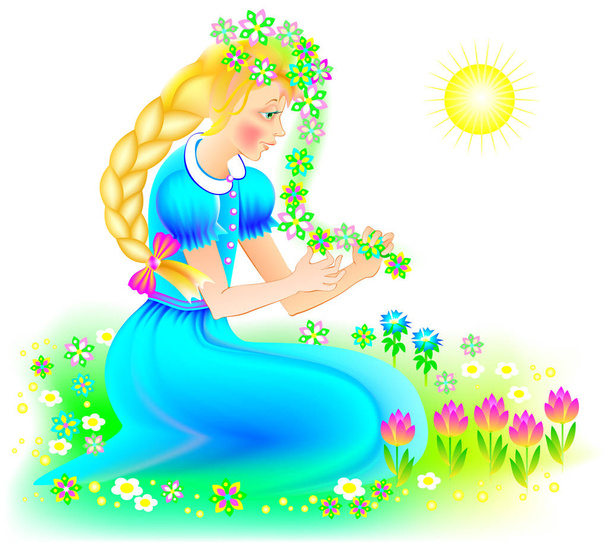 Illustration of beautiful girl weaving a wreath of flowers in the spring. - Vektori, kuva
