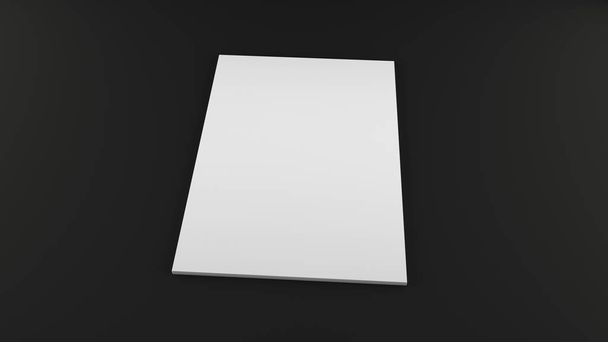 Крупним планом білі паперові листи A4 на чорному тлі. Висока роздільна здатність 3d рендерингу. Шаблон макетів особистого брендингу
. - Фото, зображення