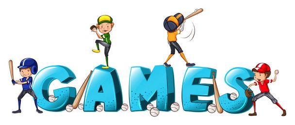 Diseño de fuente para juegos de palabras con gente jugando béisbol
 - Vector, imagen