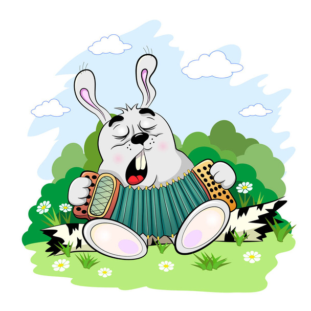 Cartoon cheerful hare sings and plays harmonica in forest - Vector, Image