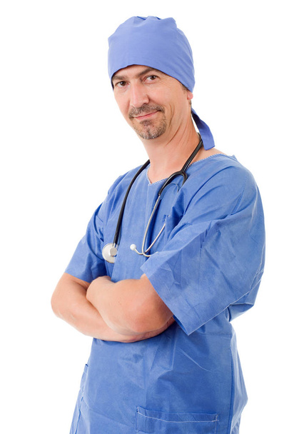 Smiling hospital doctor isolated over white background - Foto, imagen