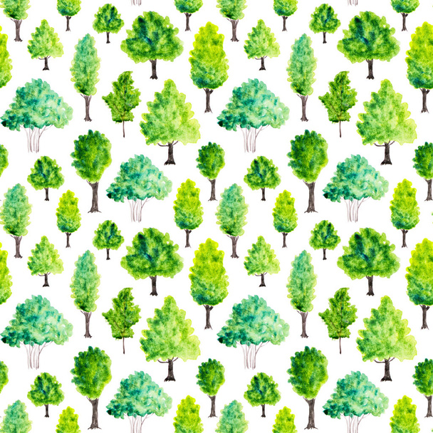 Seamless pattern with watercolor green trees. Nature background - Photo, Image