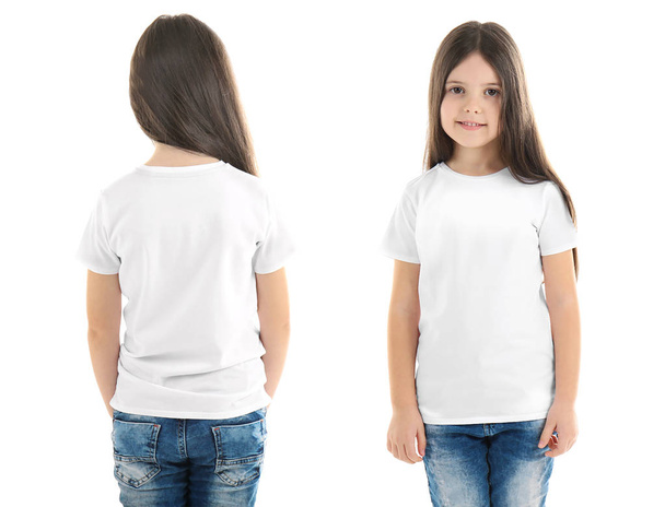 Different views of little girl wearing t-shirt on white background - Foto, Imagem