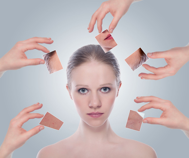 koncepcja pielęgnacji skóry. skóra piękna młoda kobieta przed i po t - Zdjęcie, obraz