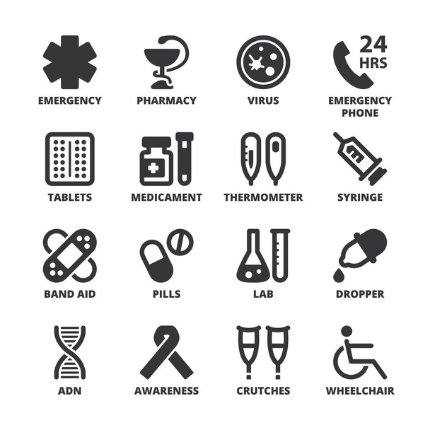 Apotheek. Gezondheidszorg platte symbolen. Zwart - Vector, afbeelding