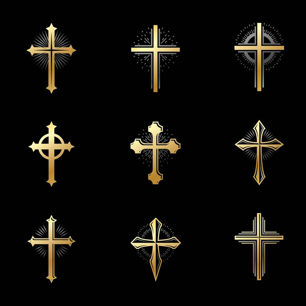 Keresztek kereszténység emblémák készlet - Vektor, kép