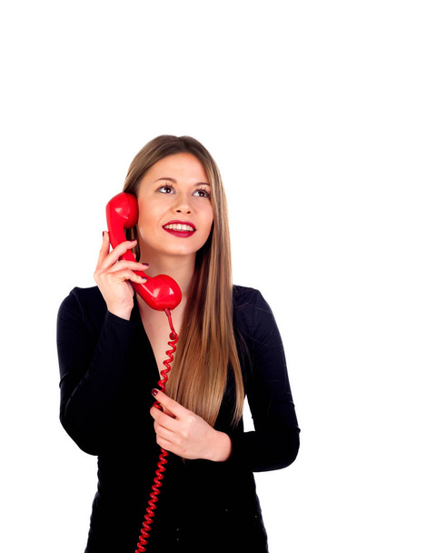 Mujer con estilo con teléfono rojo
 - Foto, imagen