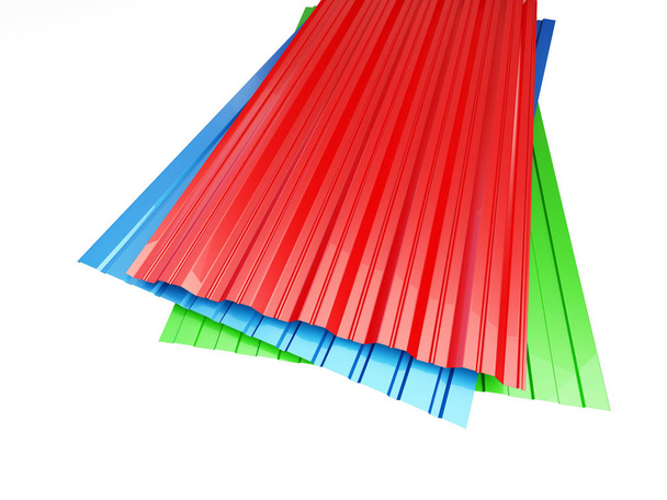 Colored corrugated metal sheet on white background. 3d Illustrations - Foto, immagini