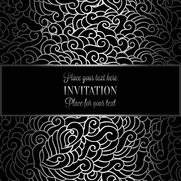 Romantic background with antique, luxury black and silver metal vintage frame, victorian banner, made of feathers wallpaper ornaments, invitation card, baroque style booklet, fashion pattern - Vector, Image