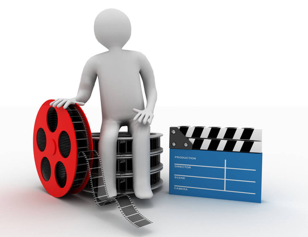 3d white people. Film director with clapperboard and film reels. - Photo, Image