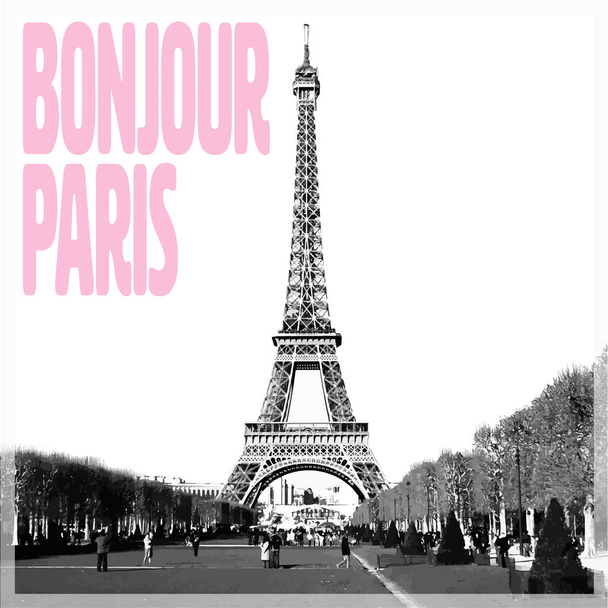 bonjour paris - romantische Karte mit Zitat und vektorisiertem Foto des Eiffelturms, Frankreich - Vektor, Bild