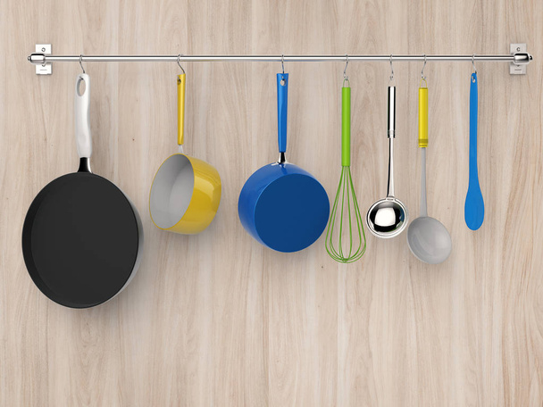 kitchen rack hanging with kitchen utensils  - Photo, Image