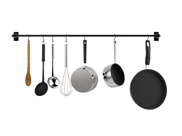 rack de cuisine suspendu avec ustensiles de cuisine  - Photo, image