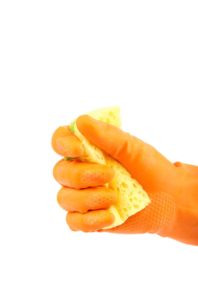 Hand in rubber glove with sponge on white. - Foto, Imagem