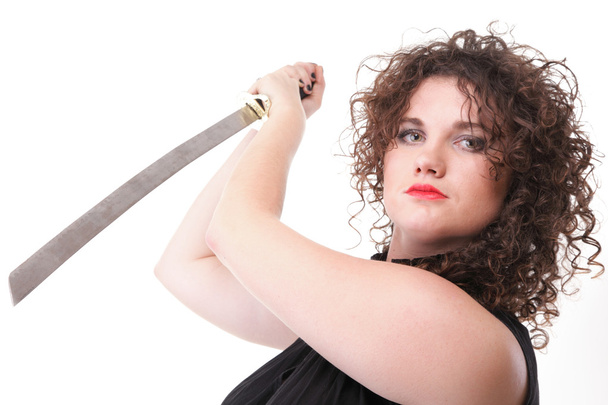 Portrait curly woman curly girl and sword - Фото, зображення