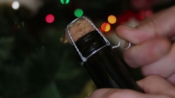 Ember megnyitása üveg pezsgő, karácsonykor idő - Felvétel, videó