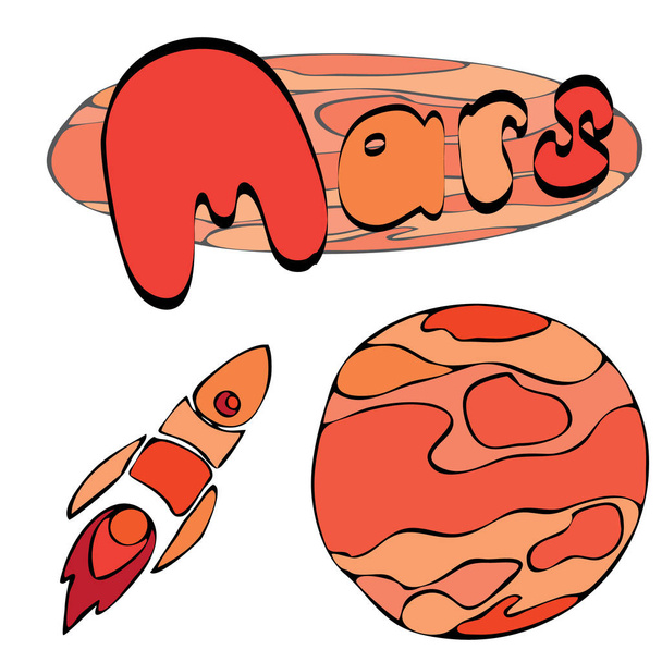 Czerwona planeta Mars w przestrzeni z gwiazdami i wahadłowcami. Ręcznie rysowane ilustracje. - Wektor, obraz