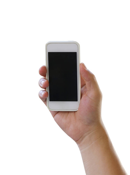 Mano del hombre sosteniendo un teléfono inteligente aislado sobre fondo blanco
. - Foto, Imagen