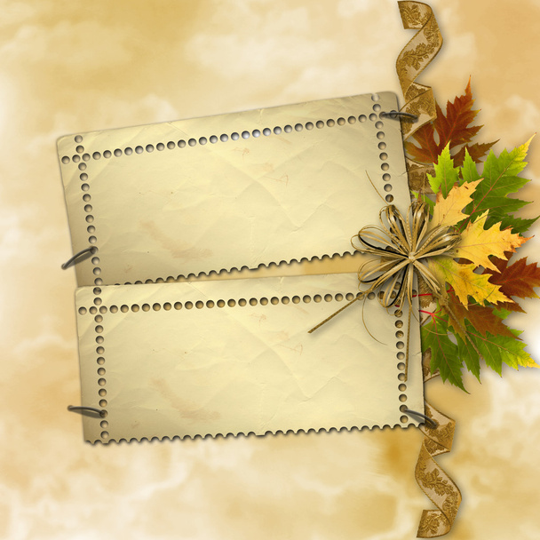 Autumn background with foliage and grunge papers design in scrap - Zdjęcie, obraz