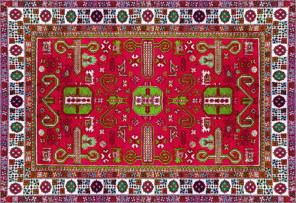 Perzisch tapijt textuur, abstract ornament. Ronde mandala patroon, oppervlak Oost-traditionele tapijt. Turquoise groen rood kastanjebruine oranje blauw grijs bruin geel violet vierkante achtergrond horizontale - Foto, afbeelding