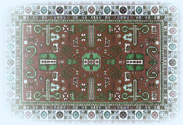 Perzsa szőnyeg textúra, absztrakt dísz. Kerek mandala mintával, keleti hagyományos szőnyeg felülete. Türkiz zöld vörös barna narancs kék szürke barna sárga lila tér háttér vízszintes - Fotó, kép