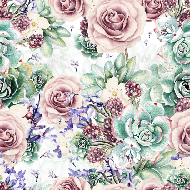Beautiful watercolor pattern with succulents and lavender, rose. Blackberries. - Foto, Imagen