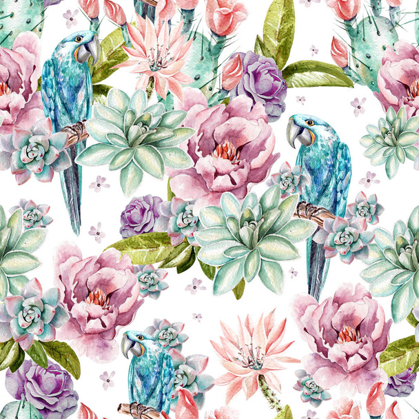 Watercolor pattern with flowers of peony, rose, succulents, cactus and blue parrot.  - Fotografie, Obrázek