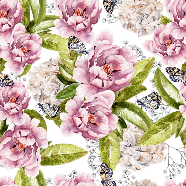 Watercolor pattern with peony flowers, succulents, wildflowers and butterflies. - Photo, Image