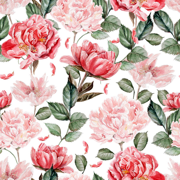 Watercolor pattern with peony flowers. - Photo, Image